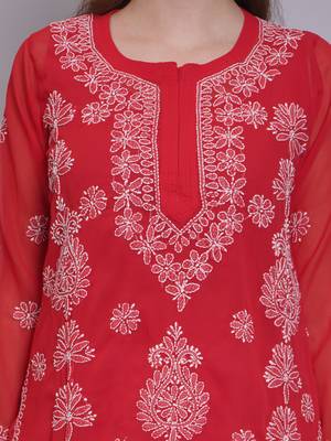 Red georgette lucknowi chikankari kurta with slip 4
