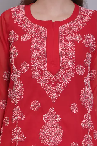 Red georgette lucknowi chikankari kurta with slip