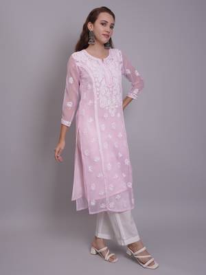 Pink georgette lucknowi chikankari kurta with slip 3