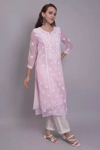 Pink georgette lucknowi chikankari kurta with slip