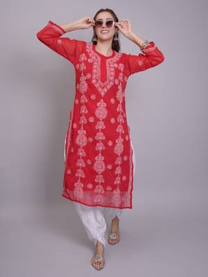 Red georgette lucknowi chikankari kurta with slip 5