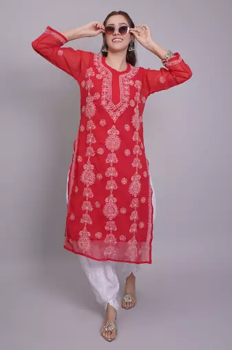 Red georgette lucknowi chikankari kurta with slip