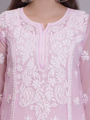 Pink georgette lucknowi chikankari kurta with slip 4