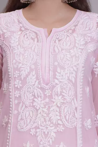 Pink georgette lucknowi chikankari kurta with slip