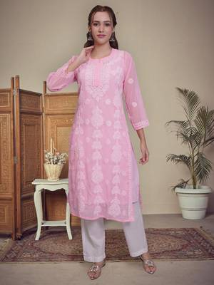Pink georgette lucknowi chikankari kurta with slip 1
