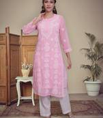 Pink georgette lucknowi chikankari kurta with slip