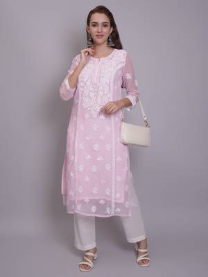 Pink georgette lucknowi chikankari kurta with slip 5