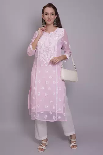 Pink georgette lucknowi chikankari kurta with slip