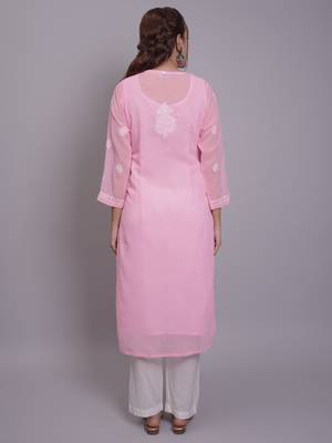 Pink georgette lucknowi chikankari kurta with slip 2