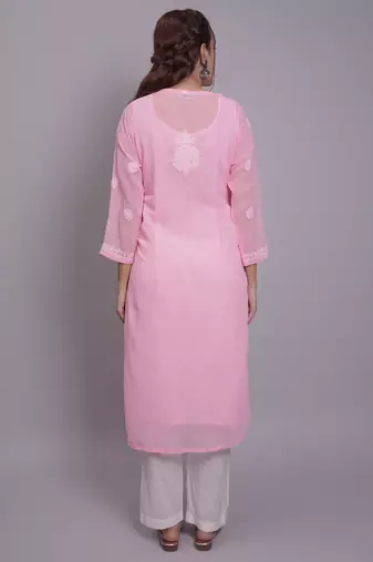 Pink georgette lucknowi chikankari kurta with slip