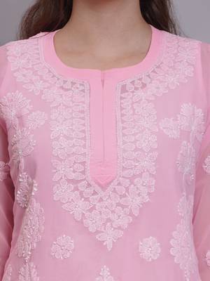 Pink georgette lucknowi chikankari kurta with slip 3