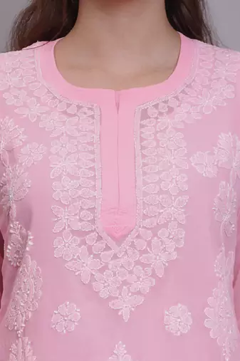 Pink georgette lucknowi chikankari kurta with slip
