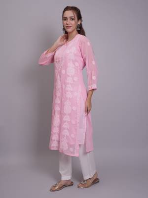 Pink georgette lucknowi chikankari kurta with slip 4