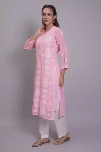 Pink georgette lucknowi chikankari kurta with slip