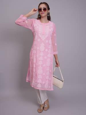 Pink georgette lucknowi chikankari kurta with slip 5