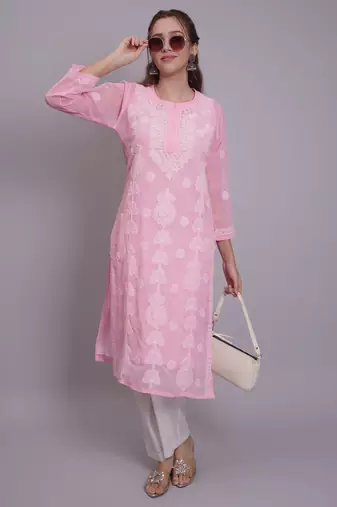 Pink georgette lucknowi chikankari kurta with slip