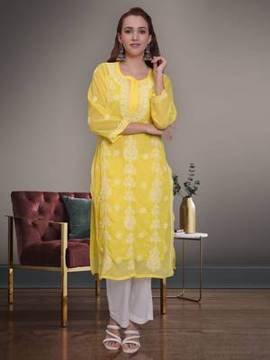 Yellow georgette lucknowi chikankari kurta with slip 1