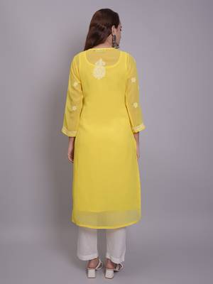 Yellow georgette lucknowi chikankari kurta with slip 2