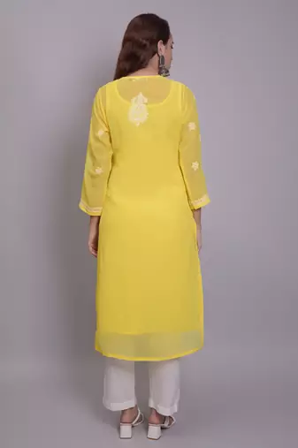 Yellow georgette lucknowi chikankari kurta with slip