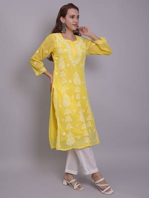 Yellow georgette lucknowi chikankari kurta with slip 3
