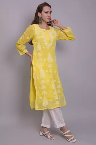 Yellow georgette lucknowi chikankari kurta with slip