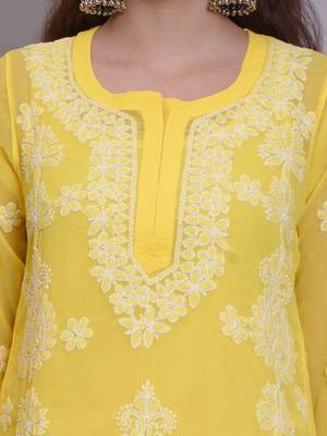 Yellow georgette lucknowi chikankari kurta with slip 4