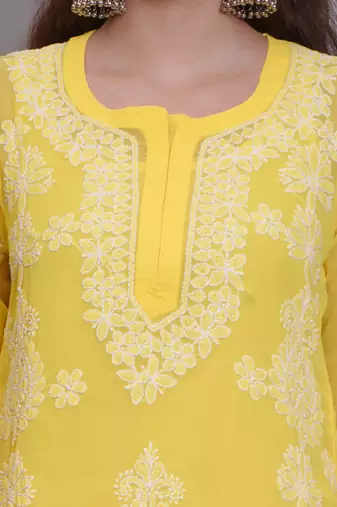 Yellow georgette lucknowi chikankari kurta with slip