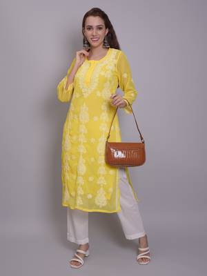 Yellow georgette lucknowi chikankari kurta with slip 5