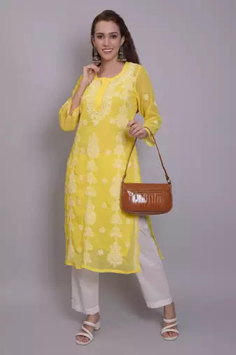 Yellow georgette lucknowi chikankari kurta with slip