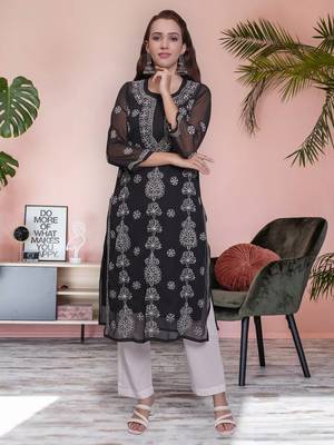 Black georgette lucknowi chikankari kurta with slip 1