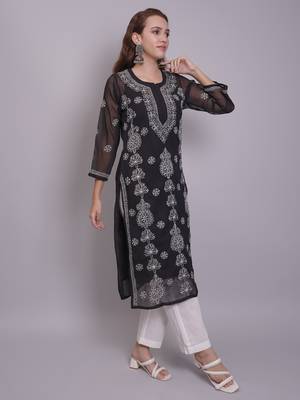 Black georgette lucknowi chikankari kurta with slip 4