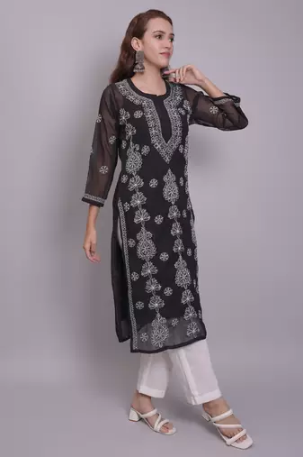 Black georgette lucknowi chikankari kurta with slip