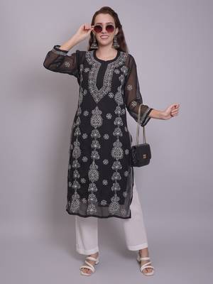 Black georgette lucknowi chikankari kurta with slip 5
