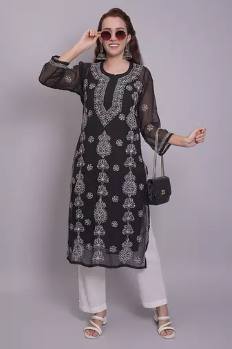 Black georgette lucknowi chikankari kurta with slip