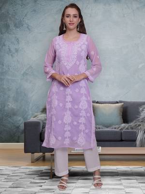 Mauve georgette lucknowi chikankari kurta with slip 1