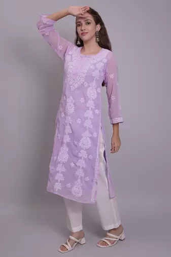 Mauve georgette lucknowi chikankari kurta with slip