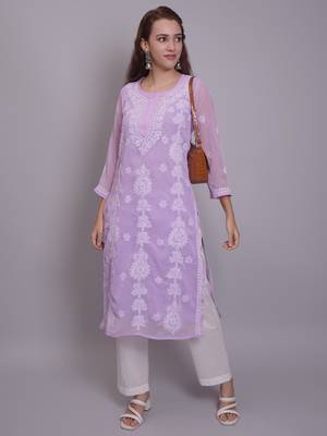 Mauve georgette lucknowi chikankari kurta with slip 5