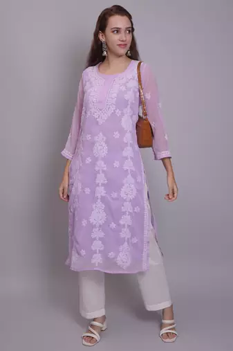 Mauve georgette lucknowi chikankari kurta with slip