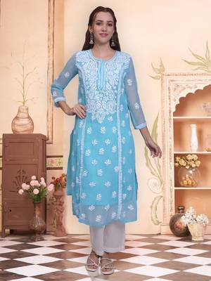 Blue georgette lucknowi chikankari kurta with slip 1