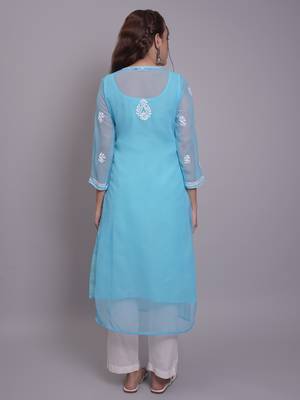 Blue georgette lucknowi chikankari kurta with slip 2