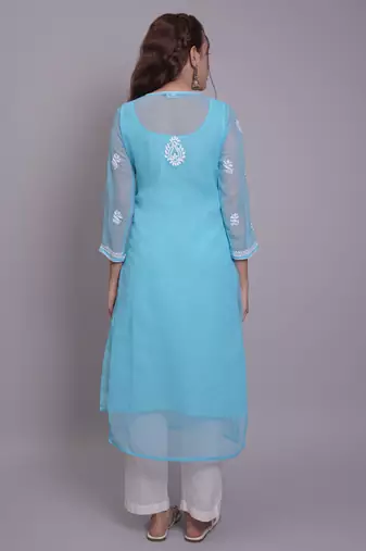 Blue georgette lucknowi chikankari kurta with slip