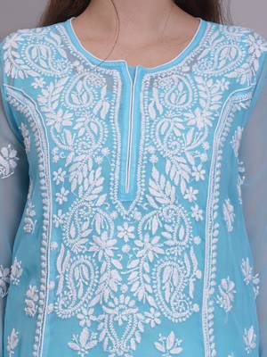 Blue georgette lucknowi chikankari kurta with slip 3