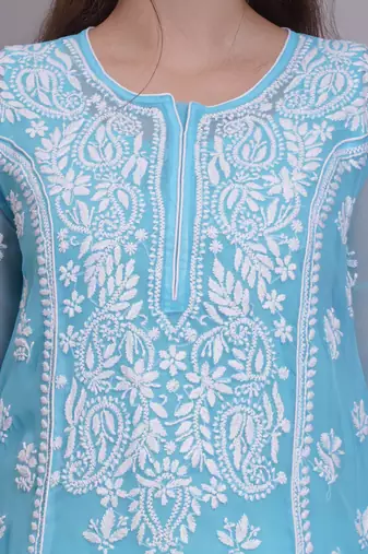 Blue georgette lucknowi chikankari kurta with slip