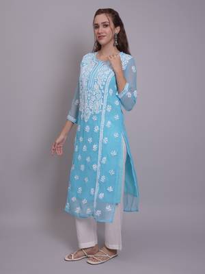 Blue georgette lucknowi chikankari kurta with slip 4