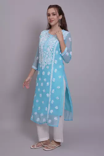 Blue georgette lucknowi chikankari kurta with slip