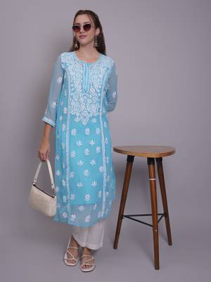 Blue georgette lucknowi chikankari kurta with slip 5