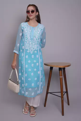 Blue georgette lucknowi chikankari kurta with slip