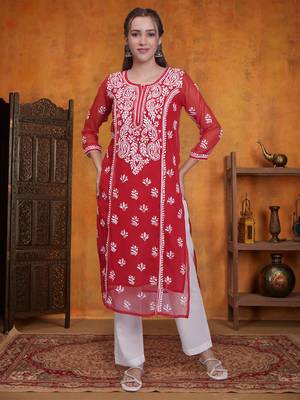 Red georgette lucknowi chikankari kurta with slip 1