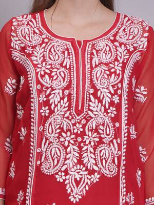 Red georgette lucknowi chikankari kurta with slip 2