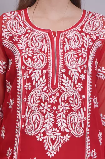 Red georgette lucknowi chikankari kurta with slip